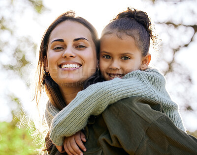 Buy stock photo Portrait, piggyback and a mother and child in a park for playing, bonding and quality time. Smile, hug and a young mom with a girl kid in nature with love, care and happiness on mothers day together