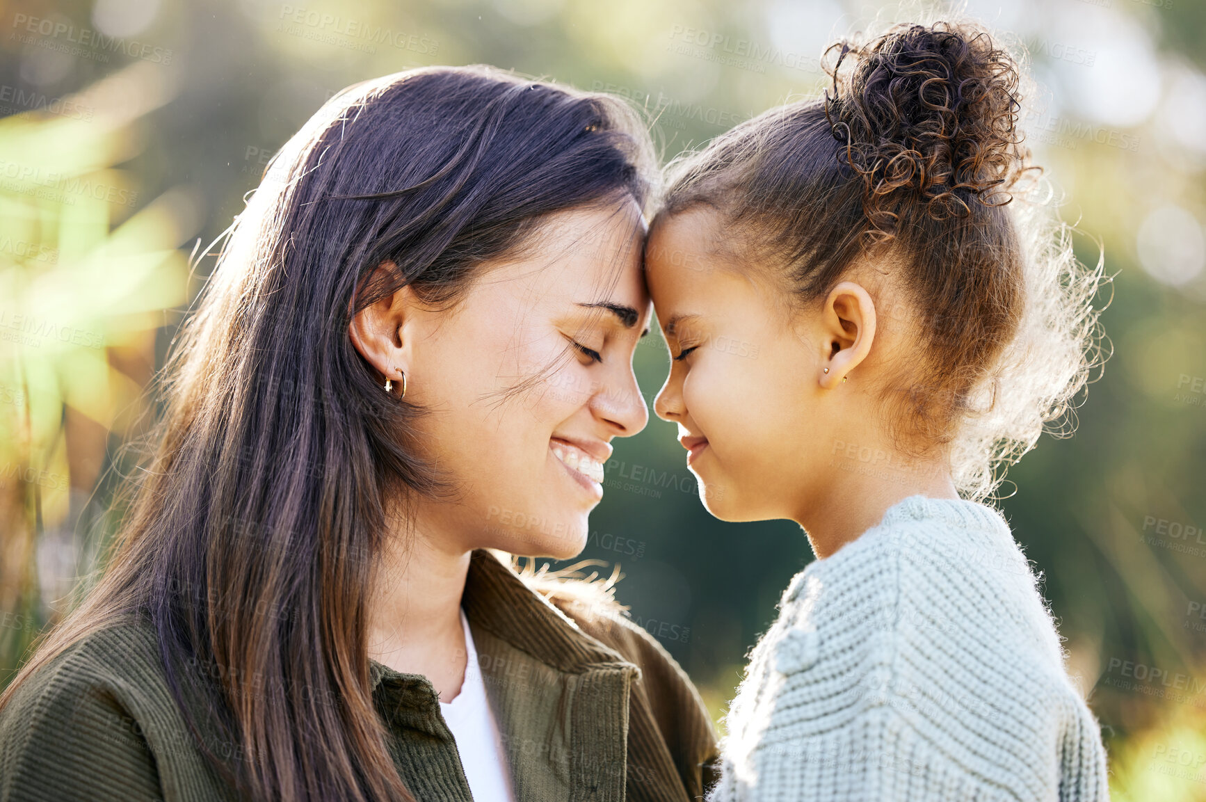 Buy stock photo Happy, care and mother and child in nature for love, gratitude and kindness on mothers day. Smile, calm and a young mom with a girl kid and happiness, bonding and together in a park for quality time