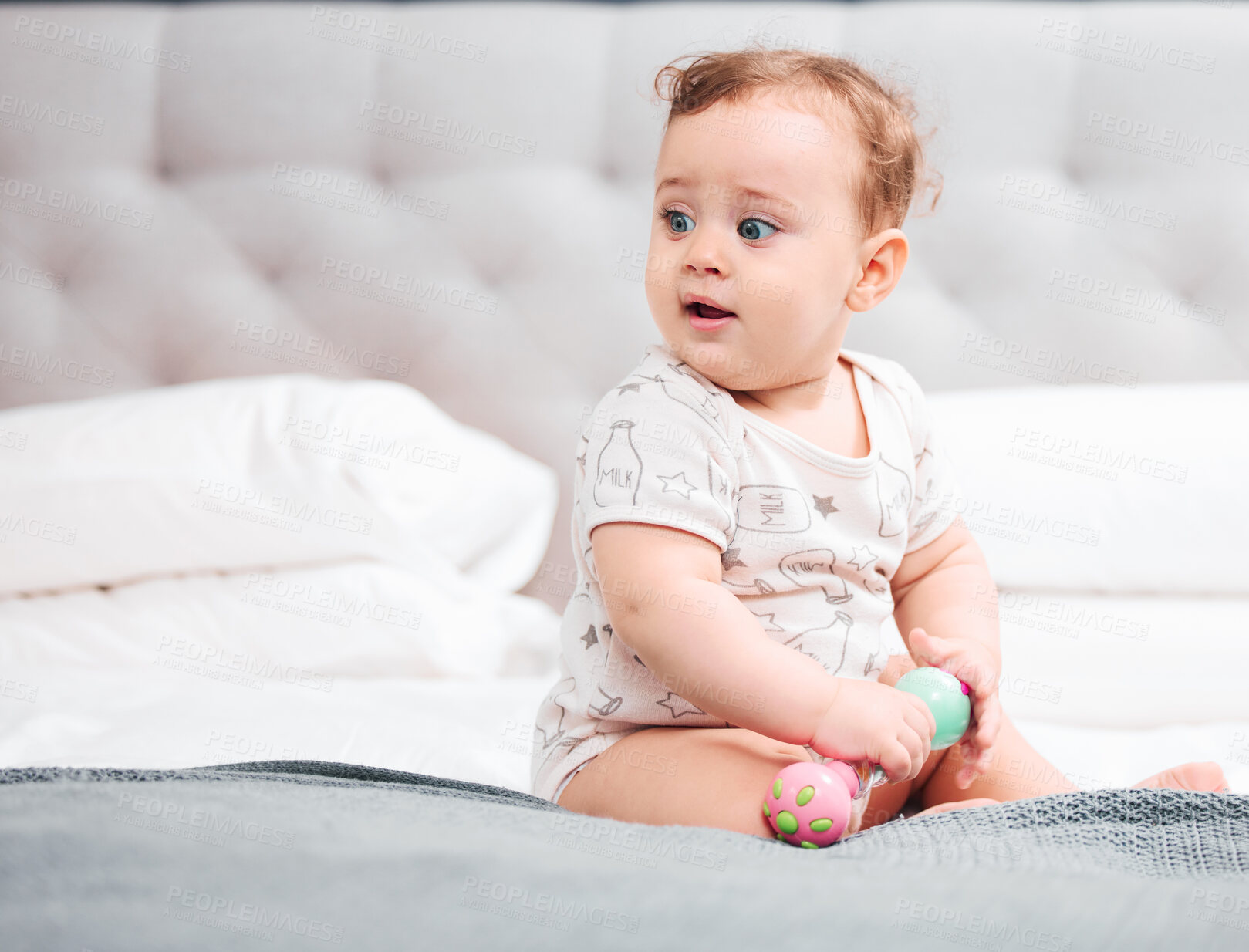 Buy stock photo Bedroom, toys and baby in home for fun playing, wellness or learning for resting with comfort to relax. Morning, healthy boy or curious male kid sitting in house alone for child development or growth