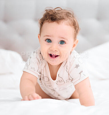 Buy stock photo Children, portrait and baby on a bed for learning, fun and wake up playful with morning games in his home. Child development, smile and face of boy kid in a bedroom sweet, cute and curious in a house