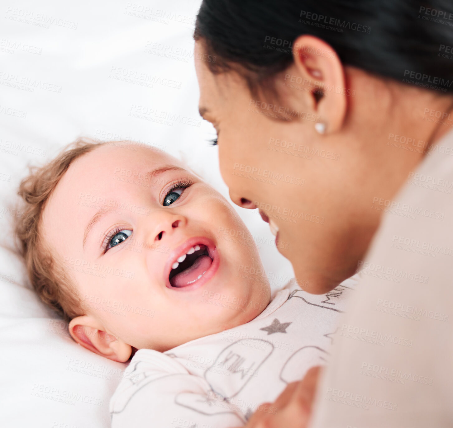 Buy stock photo Laugh, portrait and happy baby with mother on a bed for fun, bonding and playing tickle games in their home together. Love, face and excited kid with mom in a bedroom for comfort, care or support