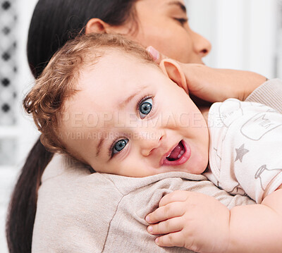 Buy stock photo Love, hug and portrait of baby with mother in house with care, trust and comfort in nap routine. Family, safety and face of curious boy kid and mom at home for growth, learning and child bonding