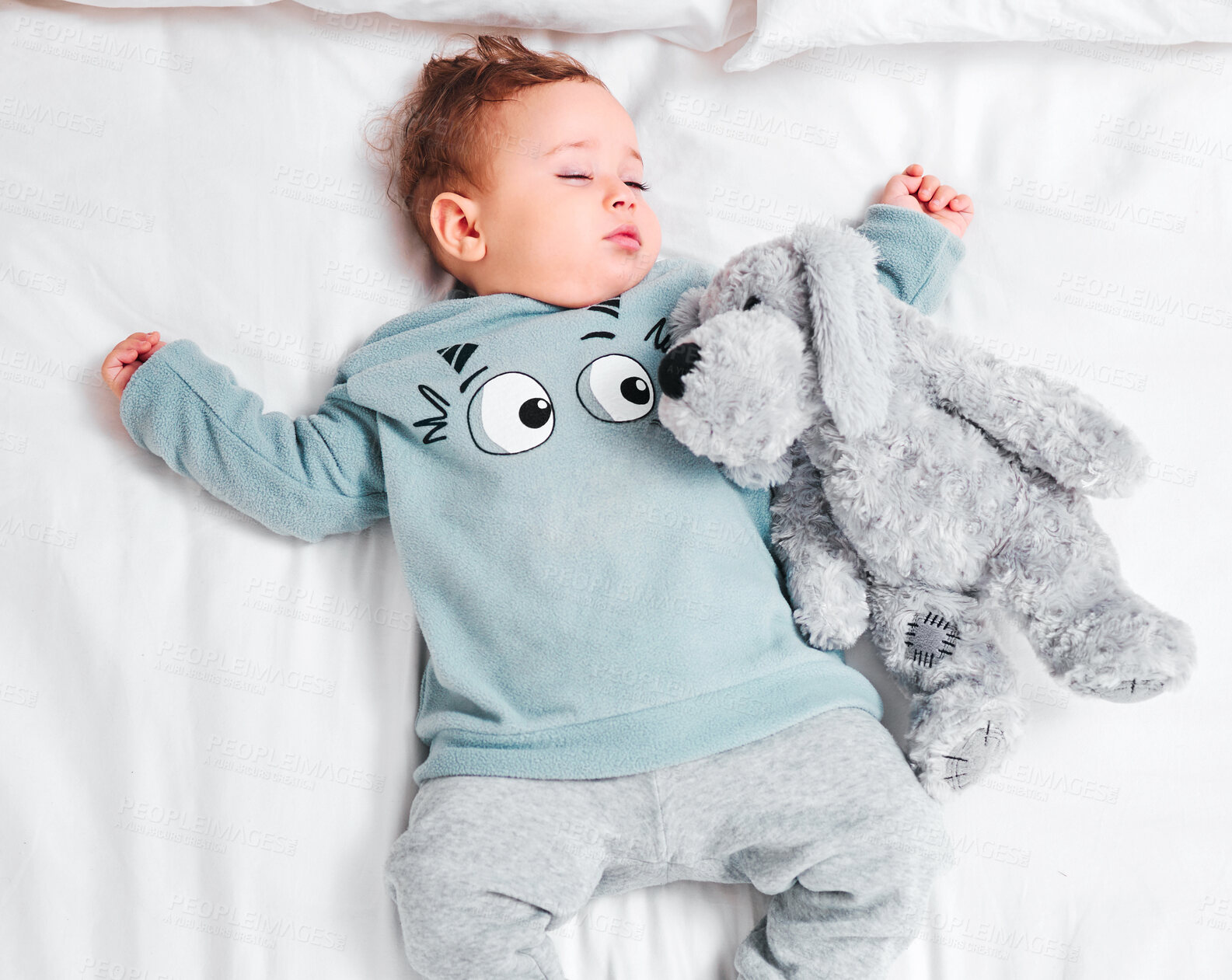 Buy stock photo Relax, sleeping and baby with teddy bear on bed in top view house for resting, dream or afternoon nap. Child development, toy and calm boy kid in a bedroom for morning routine, peace and quiet snooze