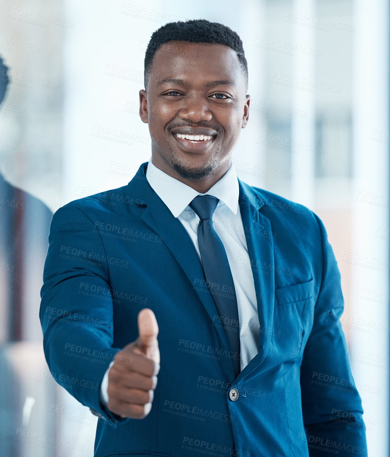 Buy stock photo African businessman, portrait and thumbs up in office for achievement and success in career. Trader, professional and promotion in corporate company for goals, development and happiness for increase