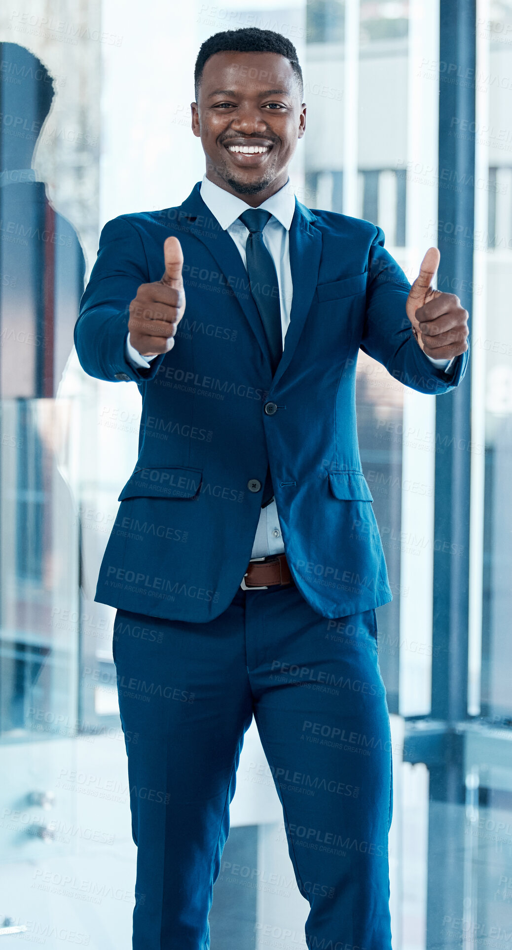 Buy stock photo Business, portrait and happy black man with thumbs up in office for support, motivation and praise. Success, face and entrepreneur with OK hand emoji for winning, vote and feedback, opinion or review