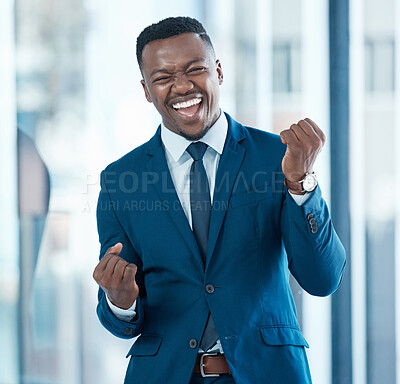 Buy stock photo African businessman, portrait and celebration in office for achievement, success in career. Trader, professional and promotion in corporate company for goals, development and exited for increase