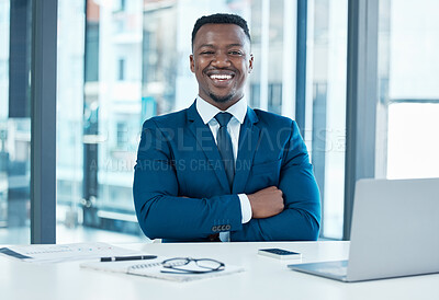 Buy stock photo Smile, laptop and portrait of black man in office for research, corporate business and schedule. Planning, happy and networking with male employee at desk for digital, entrepreneur and advisor