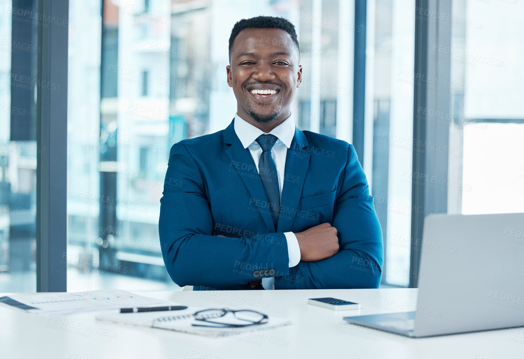 Buy stock photo Smile, laptop and portrait of black man in office for research, corporate business and schedule. Planning, happy and networking with male employee at desk for digital, entrepreneur and advisor