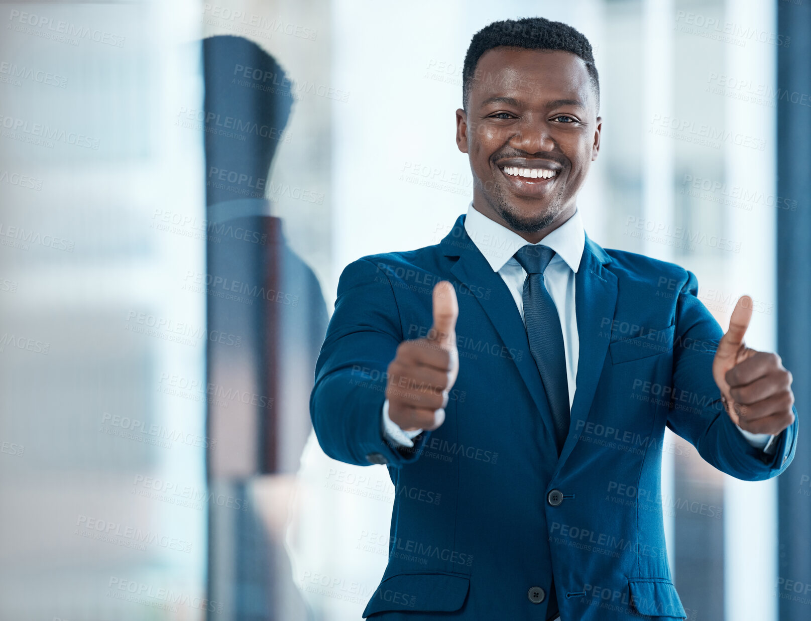 Buy stock photo African businessman, portrait and thumbs up in office for achievement and success in career. Trader, professional and promotion in corporate company for goals, development and happiness for bonus