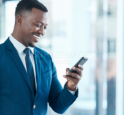 Buy stock photo Business, black man and phone for internet research with social media, online news app and stock exchange in office. African guy, professional trader and mobile notification for financial investment