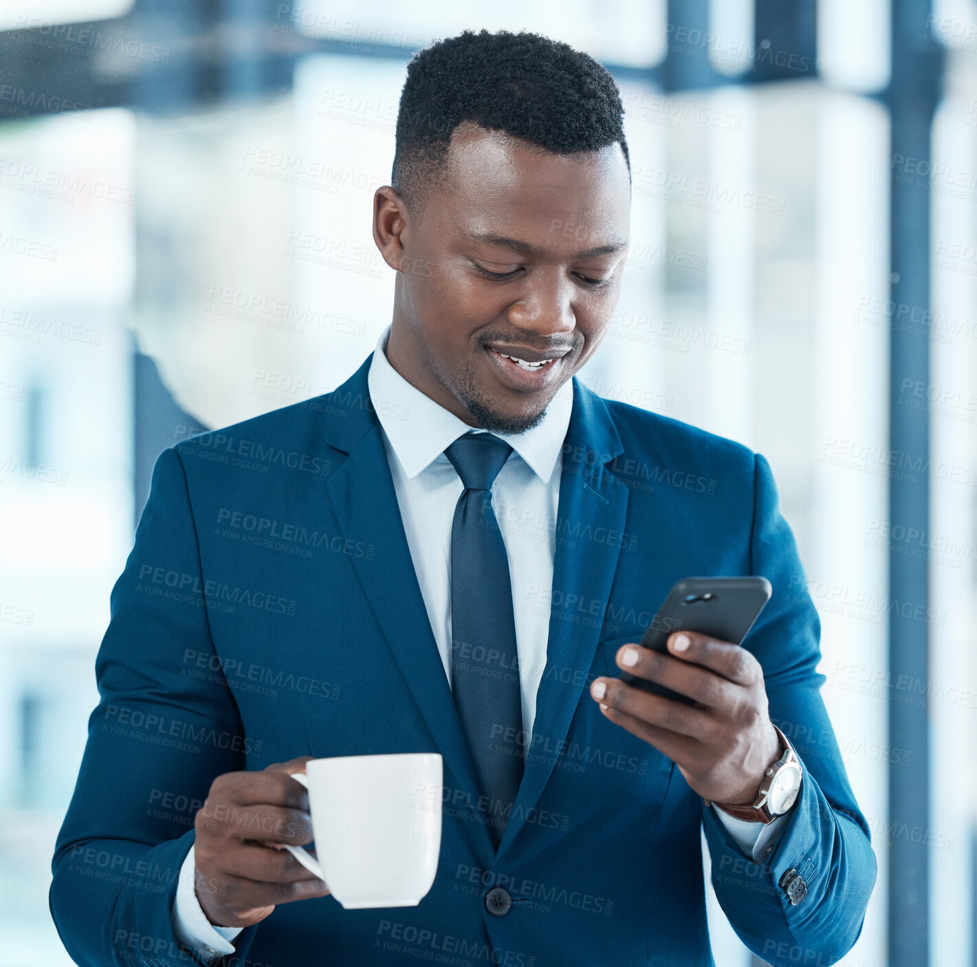 Buy stock photo Corporate, coffee and black man with mobile for internet research, work break and online news app in office. African guy, tea and smartphone notification for stock exchange with business investment