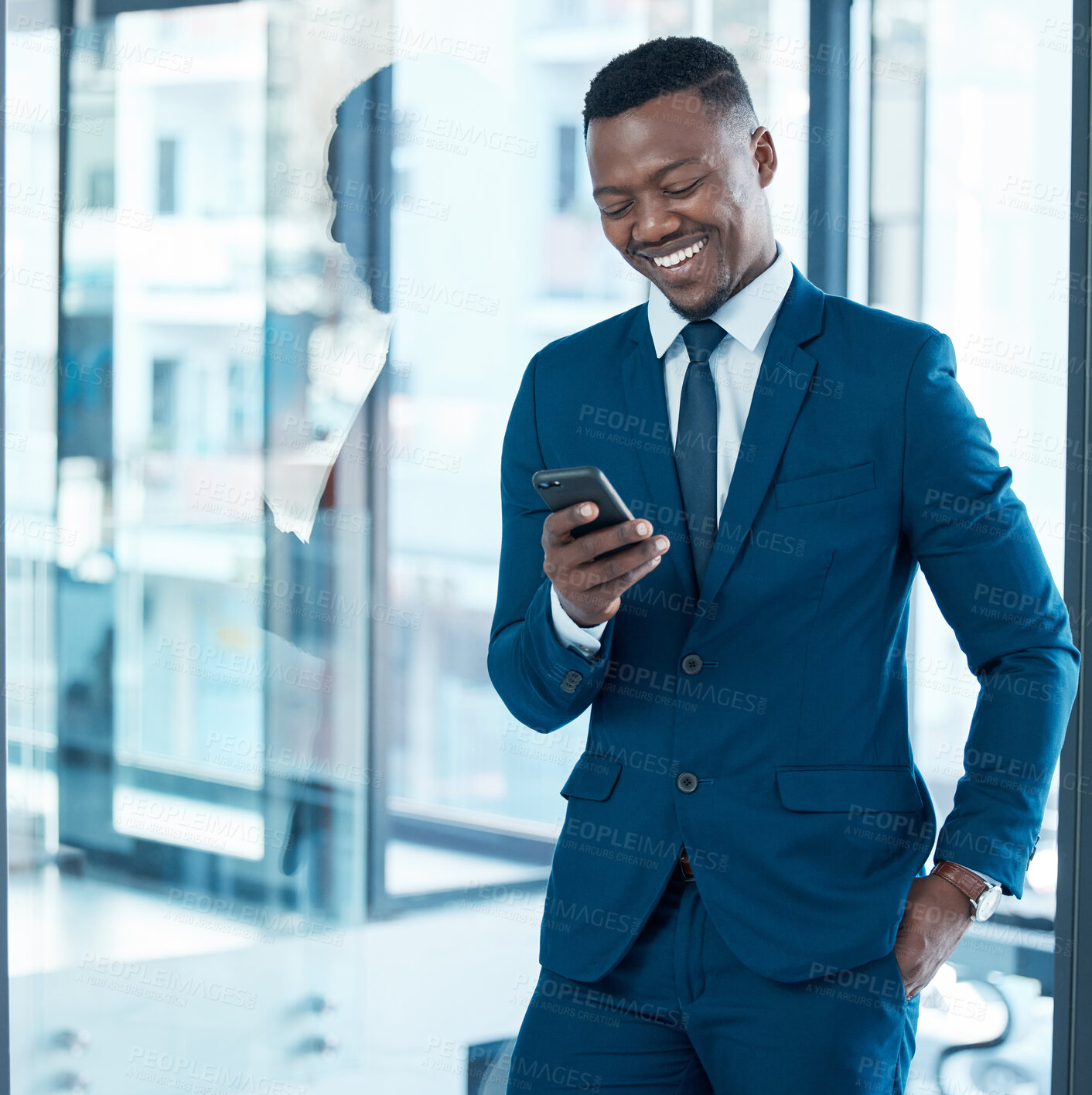 Buy stock photo Corporate, smile and black man with phone for internet research, social media and online news in office. African guy, financial expert and mobile notification for trading app with business investment