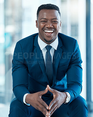 Buy stock photo Happy, portrait and African businessman in office for career, investment and project for enterprise. Manager, corporate and professional entrepreneur with smile in organisation for growth in company