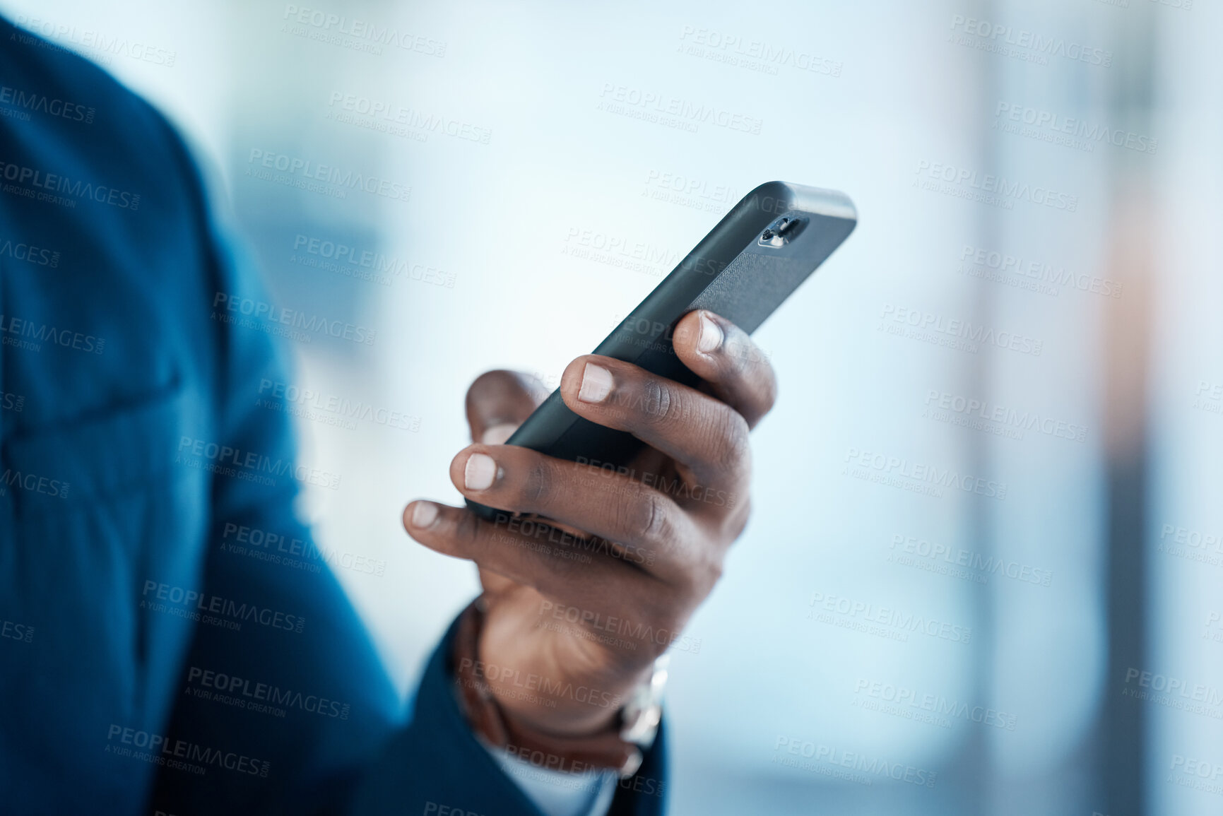 Buy stock photo Corporate, typing hand and black man with smartphone for internet research and online news app for info in office. African guy, fingers and mobile with virtual conversation for business deal and text