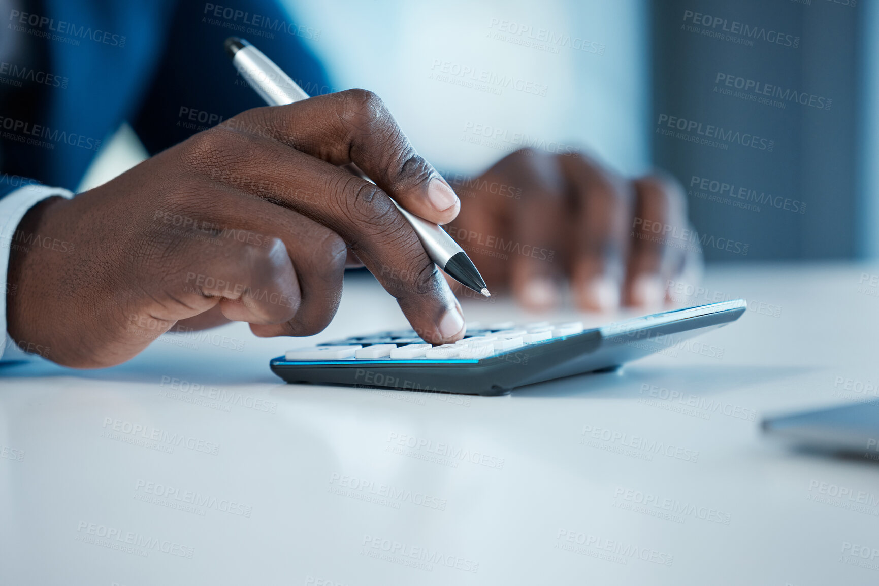 Buy stock photo Corporate, black man and hand with calculator on desk for planning budget and company audit for tax bills. African guy, accountant and counting machine in business office for financial management