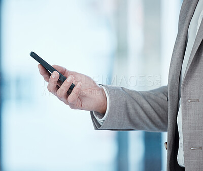 Buy stock photo Businessman, hand and smartphone for internet with communication, social media and online news in office. Corporate guy, investment and mobile notification for trading app and stock market update