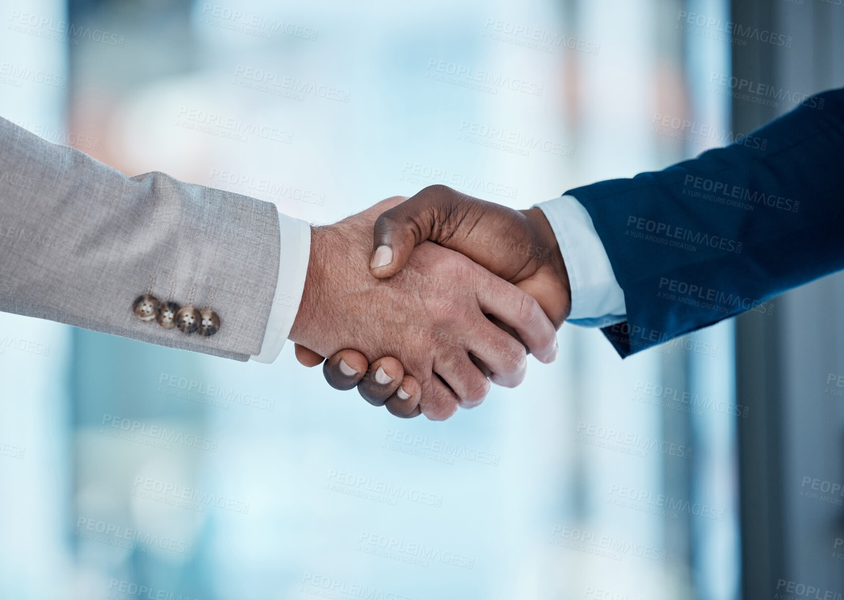 Buy stock photo Thank you, welcome and business people in office with handshake for recruitment, deal and hiring negotiation. Job interview, meeting and men shaking hands for b2b agreement, congratulations or offer