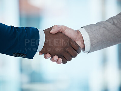 Buy stock photo Thank you, support and business people in office with handshake for recruitment, deal and hiring negotiation. Job interview, meeting and shaking hands for b2b agreement, congratulations or offer