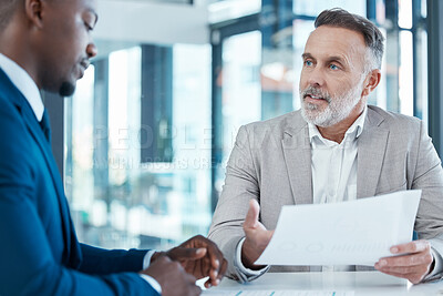 Buy stock photo Business people, meeting discussion and paperwork for collaboration with partnership and planning strategy in office. Corporate men, contract and talking for hiring and onboarding with job interview