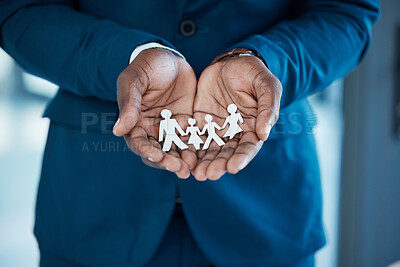 Buy stock photo Hands, African businessman and life insurance for support, family and security in office. Broker, safety and investment for future in company with opportunity, wellness and policy in workplace 