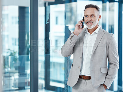 Buy stock photo Mature businessman, smile and phone call for communication with telemarketing and networking in office. Senior guy, corporate lawyer and mobile with feedback conversation and advice for legal case