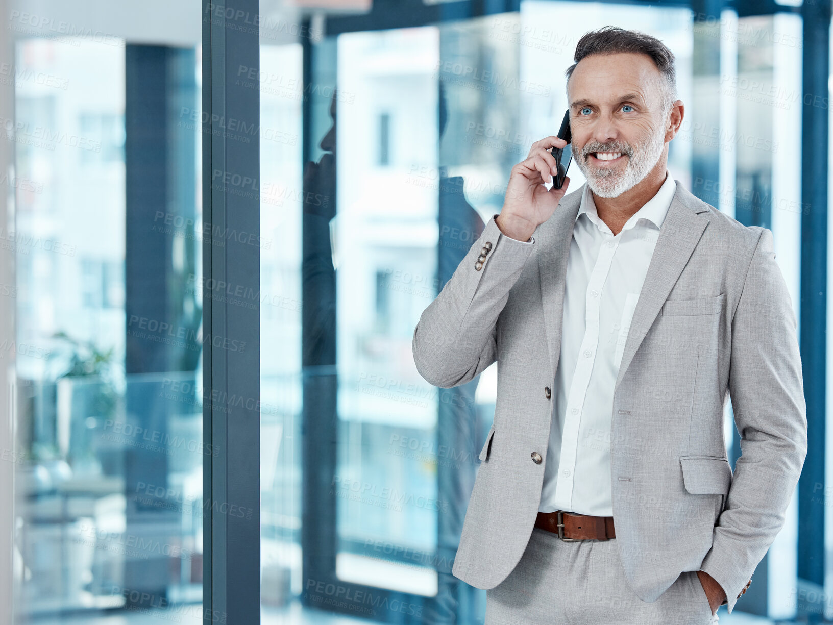 Buy stock photo Mature businessman, smile and phone call for communication with telemarketing and networking in office. Senior guy, corporate lawyer and mobile with feedback conversation and advice for legal case