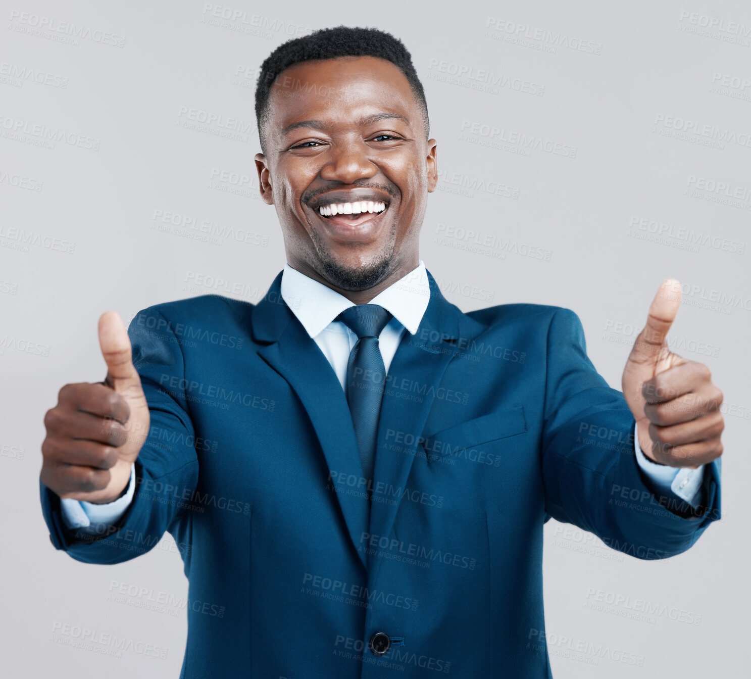 Buy stock photo Happy, portrait and businessman with thumbs up in studio for support, motivation and praise on grey background. Black person, face and entrepreneur with OK hand for winning, vote and thank you sign