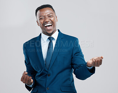 Buy stock photo Happy, portrait and a black man with corporate success isolated on a white background in a studio. Win, excited and an African businessman cheering in celebration for professional achievement