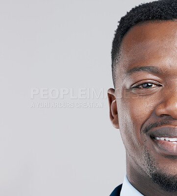 Buy stock photo Portrait, businessman and happy for career, start up company and pride with mockup space. African male person, ceo or executive and financial advisor in studio by white background with confidence 