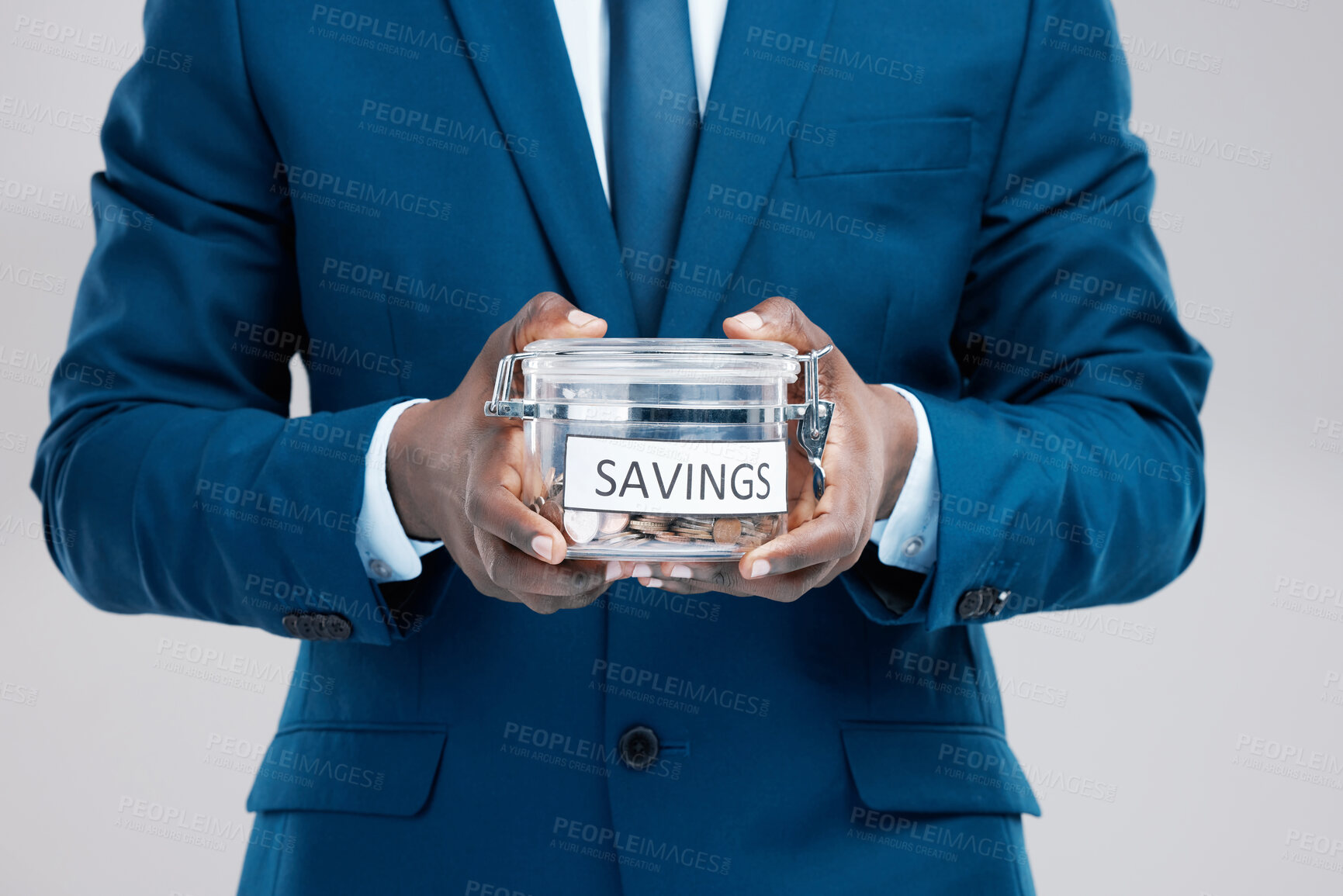 Buy stock photo Hands, black man and jar with savings for money, cash investment and budget management by studio background. African guy, businessman and container with coins for financial security and pension fund