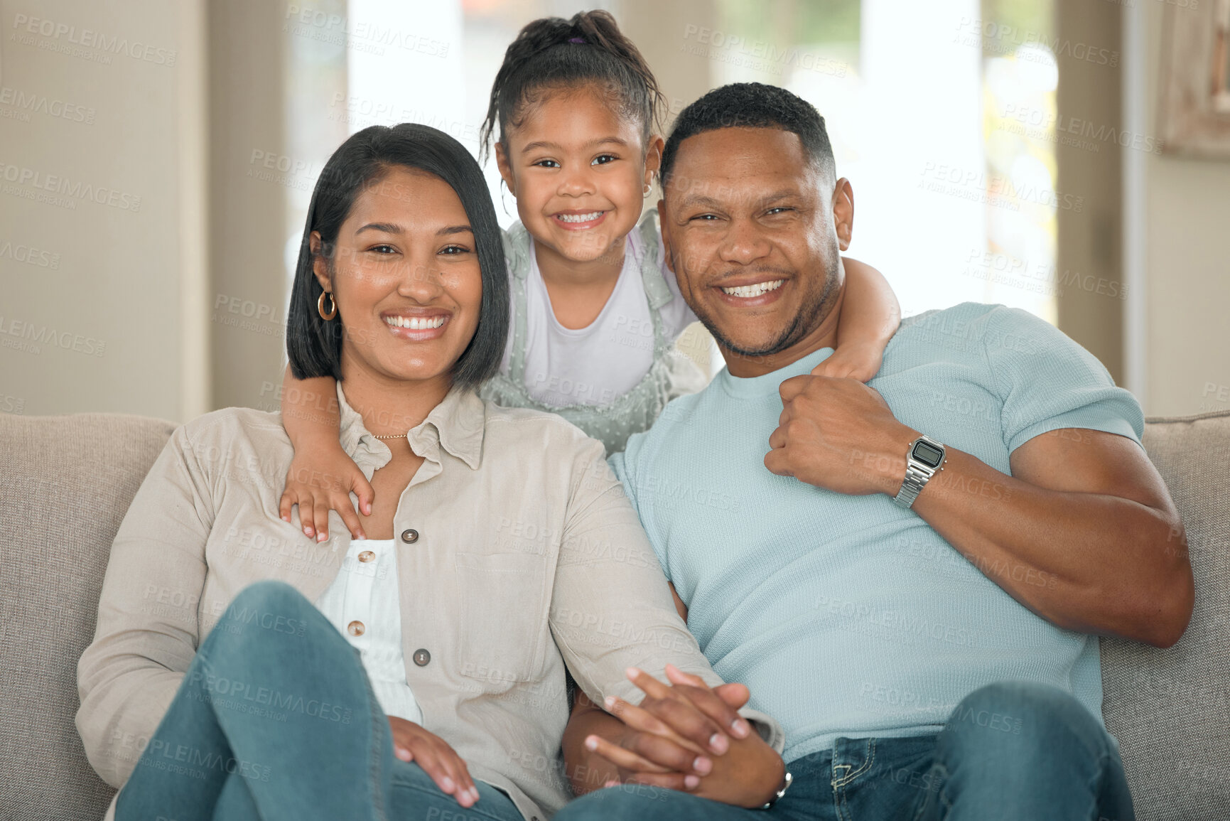 Buy stock photo Family, portrait and happy for relax, love and trust in home living room with mother, father and child.  Parents, kid and smile as household for care, bond or support together in house lounge on sofa