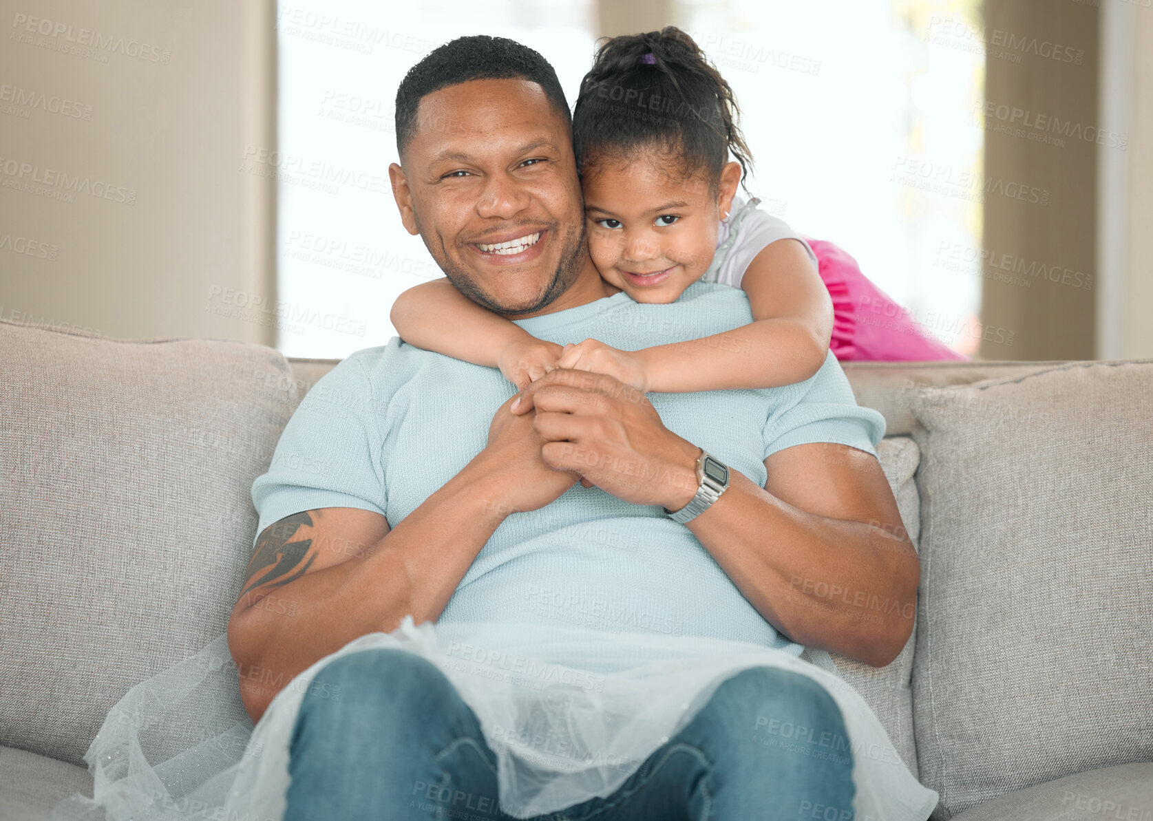 Buy stock photo Shot of an adorable little girl bonding with her father in the living room at home
