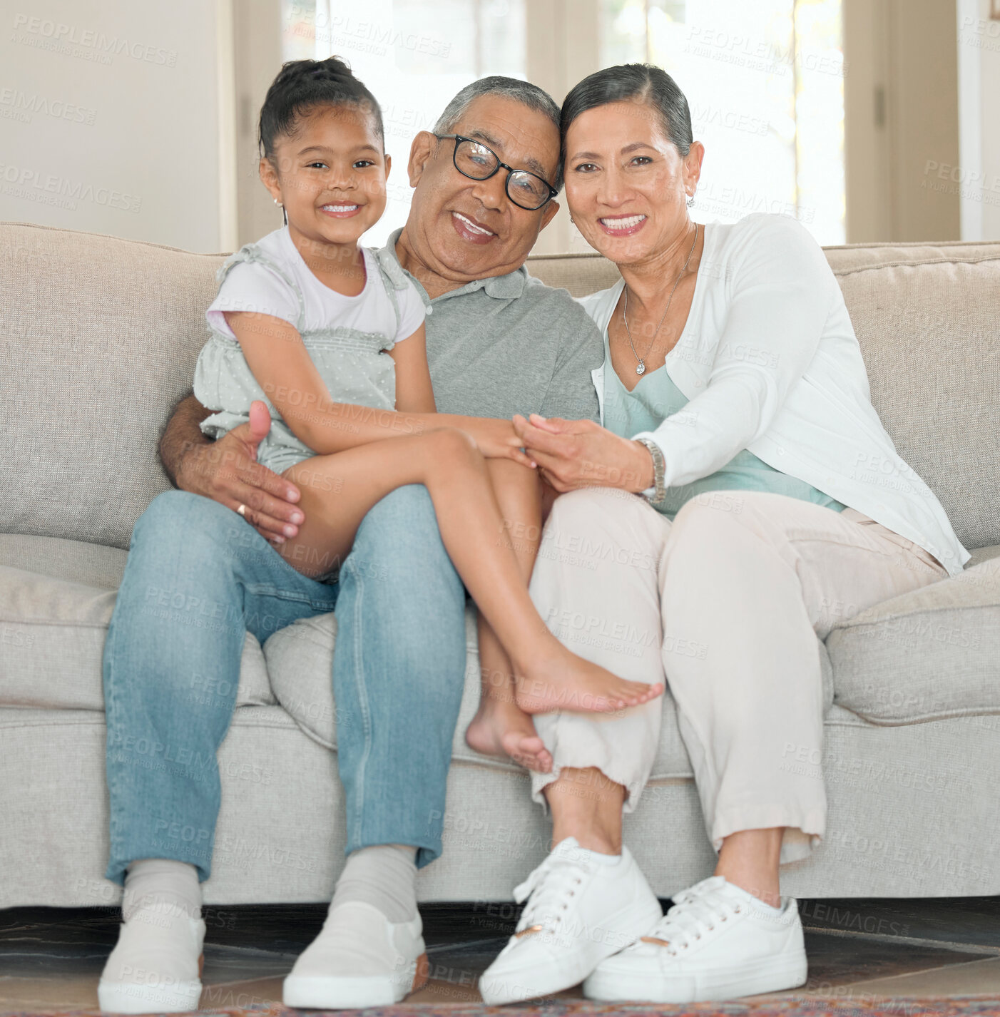 Buy stock photo Family, portrait and happy for love or relax in home living room with grandmother, grandpa and child. Grandparents, kid and smile as household for care, trust or bond together in house lounge on sofa