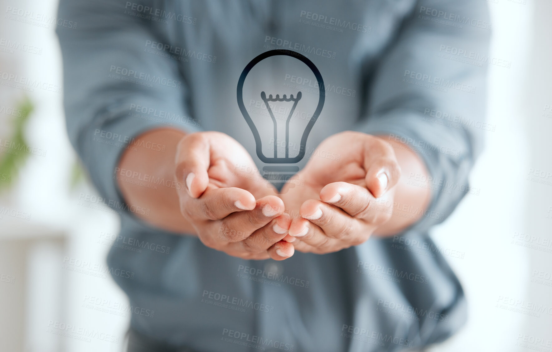 Buy stock photo Hands, icon and lightbulb with business man closeup in office for renewable energy or sustainability. Electricity, future and idea with employee in workplace for development or growth of technology