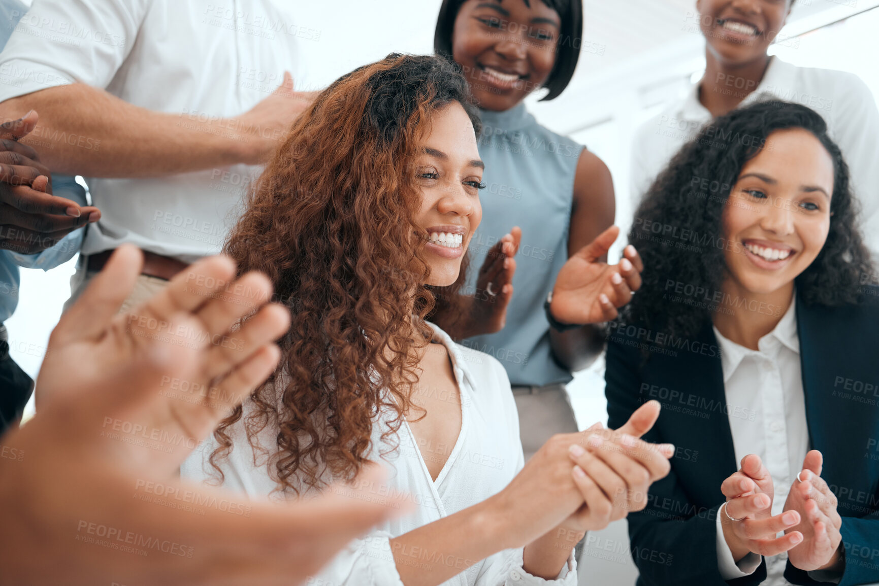 Buy stock photo Business people, clapping and laptop in office for celebration, collaboration and company success. Team,  applause and diversity in workplace for achievement, partnership and project development