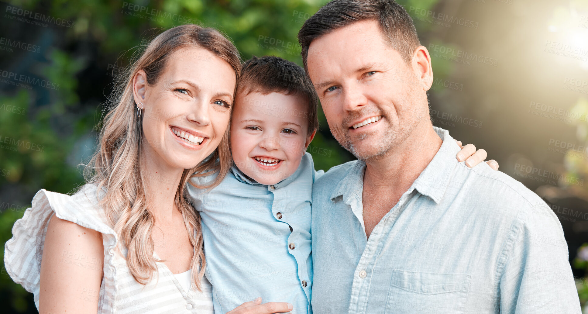 Buy stock photo Park, child and happy family in outside portrait together, parents and boy in garden for bonding on weekend break. Summer, love and smiling for care on holiday, nature trees and support in backyard