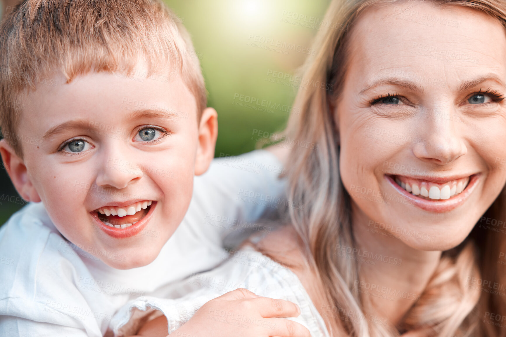 Buy stock photo Mother, child and portrait in nature or piggyback, happy and family outside for fun bonding on weekend break. Garden, summer and boy or smiling care on holiday, park and support together in backyard