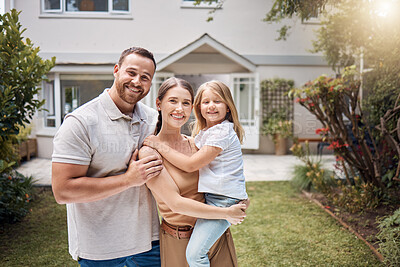 Buy stock photo Portrait, happy family and kid outdoor at new house, real estate and building mortgage in residential neighborhood. Mother, father and child smile outside for property investment, moving or homeowner