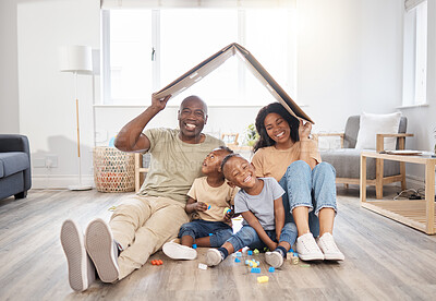 Buy stock photo Portrait, cardboard and black family with home insurance, care or unity with mortgage with happiness, safety or covering. Face, parents or mother with father, children or kids with love or protection