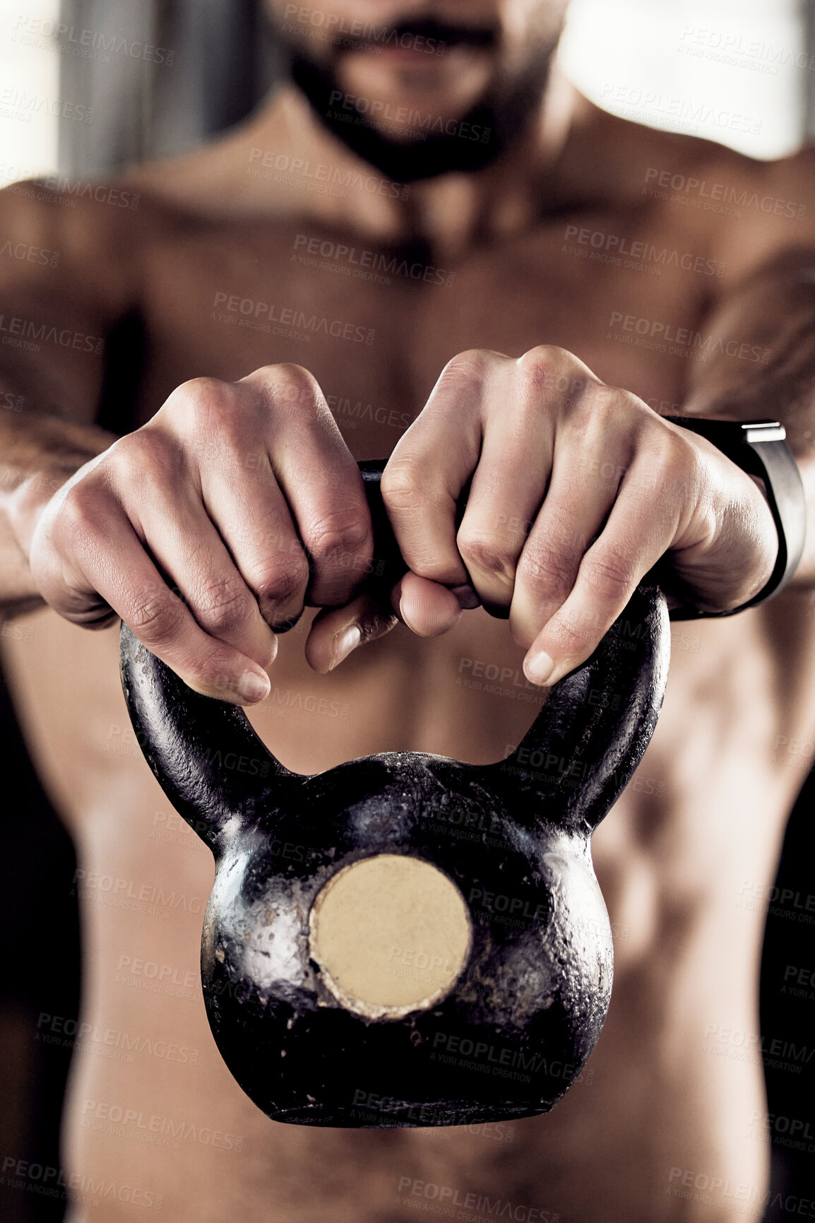 Buy stock photo Hands, kettlebell and man in gym, exercise or strength training with equipment, health or fitness. Closeup, person or bodybuilder in wellness center, workout or strong with challenge or weightlifting