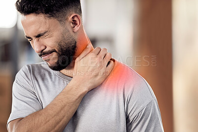 Buy stock photo Man, athlete and neck pain in gym, inflammation and muscle sprain or tender from exercise. Male person, runner and red injury from marathon or training practice, hurt and ache or sport accident