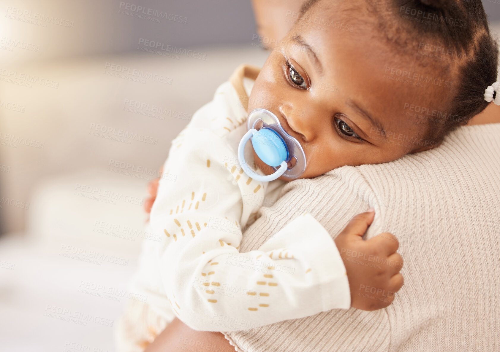 Buy stock photo Relax, mom and baby on shoulder for hug with pacifier, development, relationship care and security in home. Mama, bed time and tired infant girl with mouth dummy, calm comfort and sleeping for growth