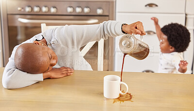 Buy stock photo Shot of a young mother sleeping while pouring coffee into a cup at home
