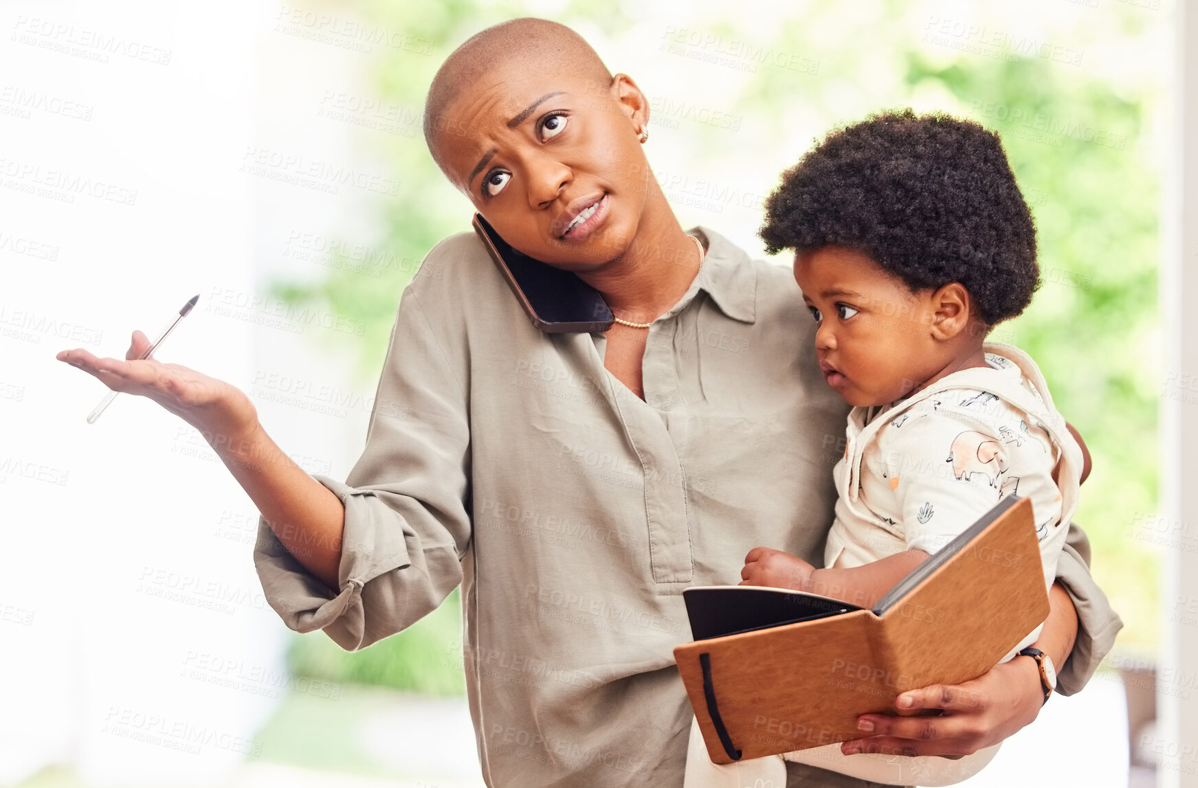 Buy stock photo House, phone call and mother with baby, conversation and multitasking with notebook, network and discussion. Black family, mama and boy in kitchen with smartphone, schedule planning or work from home