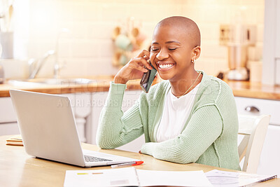 Buy stock photo Shot of a beautiful young businesswoman making a phone call while working from home
