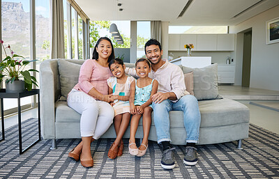 Buy stock photo Mexican family, portrait and smile with children in home for bonding connection, daughters or sofa. Mother, father and siblings on couch in living room with embrace for love support, care or weekend