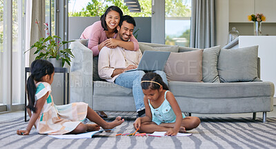 Buy stock photo Family, kids and happy in living room for support, love and growth for child development. Parent, girl and satisfied at home with care, childhood memories and together with trust, play and bonding
