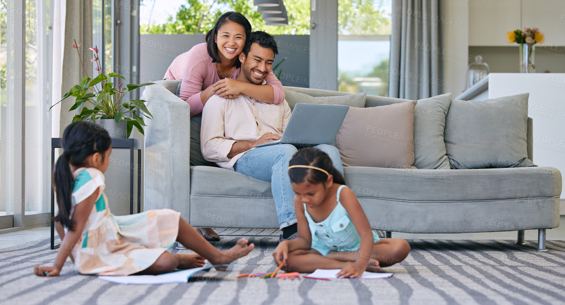 Buy stock photo Family, kids and happy in living room for support, love and growth for child development. Parent, girl and satisfied at home with care, childhood memories and together with trust, play and bonding