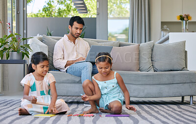 Buy stock photo Man, laptop and kids on floor with family for online research, remote work or freelance website. Dad, children and bonding in living room with technology for email, digital blog  or network at home
