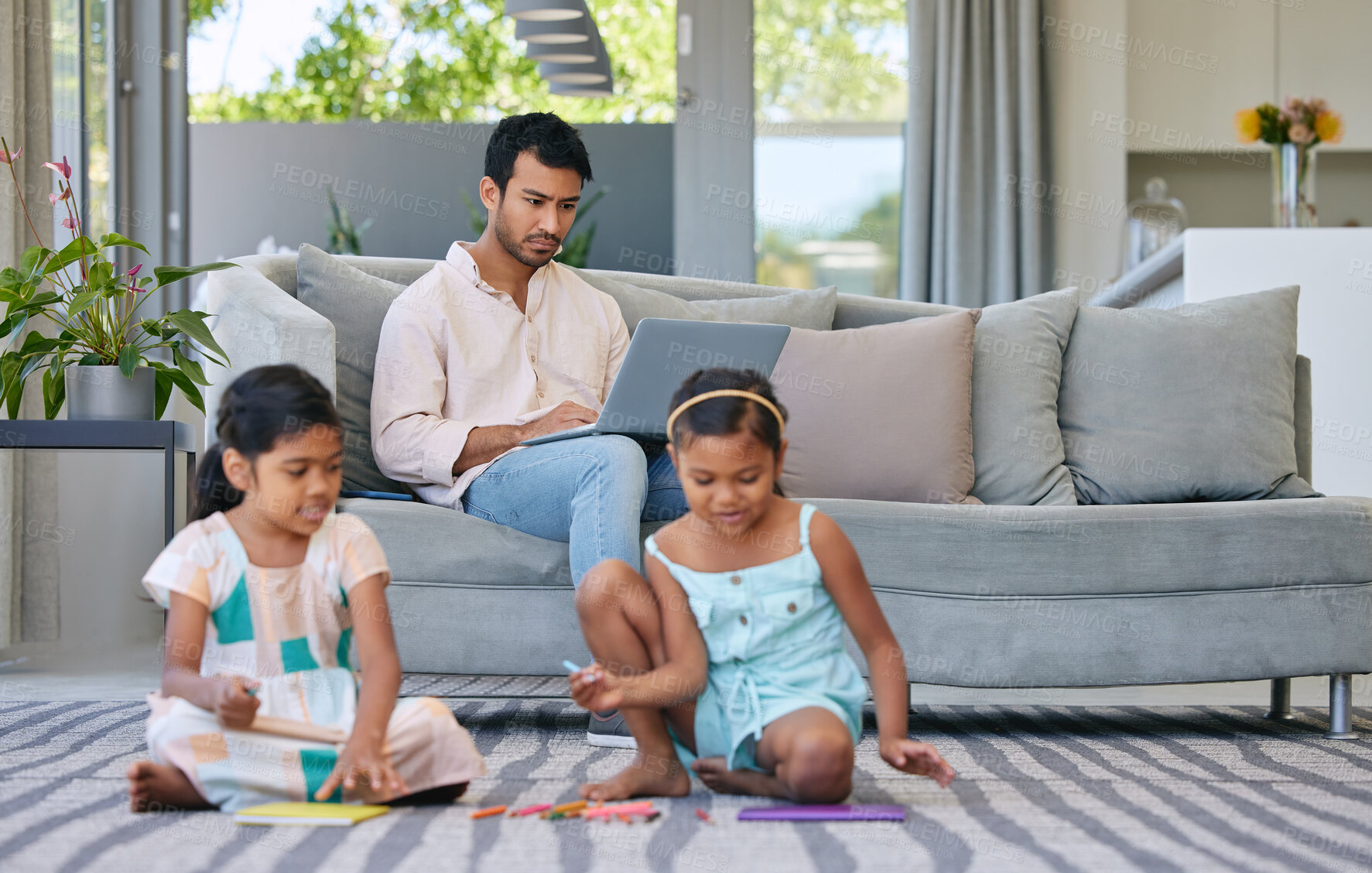 Buy stock photo Man, laptop and kids on floor with family for online research, remote work or freelance website. Dad, children and bonding in living room with technology for email, digital blog  or network at home